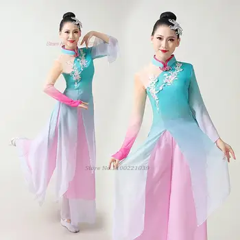 2023 kínai klasszikus tánc, jelmez nemzeti virág hímzéssel, chiffon ruha+nadrág szett színpadi ruha vintage hanfu