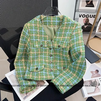 2023 Őszi Új Zöld Illatos Stílus V-Nyakú Hosszú Ujjú Kabát Női Kabátok Outwear
