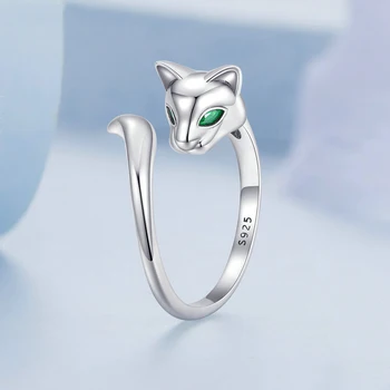 925 Sterling Ezüst Róka Nyitott Gyűrű Zöld Cirkon Róka Farka, Állítható Gyűrű a Nők, Születésnapi Ajándék, Egyszerű Ékszerek BSR313