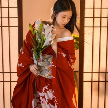 A Hagyományos Japán Kimonó, Majd Obi Piros Virág Nyomtatás Hosszú Ujjú Yukata Cosplay Színpadi Ruha Szexi Nők, Lányok