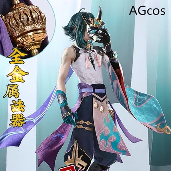 AGCOS Elővételben!!! Genshin Hatása Xiao Cosplay Férfi Jelmez Halloween Ruhák, Felső+Nadrág+Tartozékok