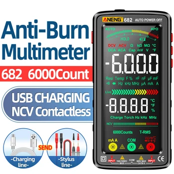 ANENG 681 682 6000 Számít Digitális Multiméter Smart Anti-égési Újratölthető Méter NCV Teszter érintőképernyő Zseblámpa