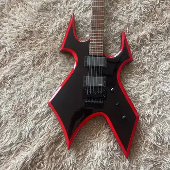 B. C. Rich különleges alakú multifunkciós Elektromos gitár, fekete test, piros felni, magas fényű, fekete tartozékok, LP string híd, EMG