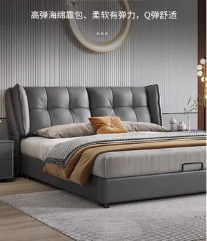 Bőr ágy Modern, egyszerű kétszemélyes ágy a Hálószobában 1,8 m Skandináv tároló ágy Puha táska ágy fény luxus ágy
