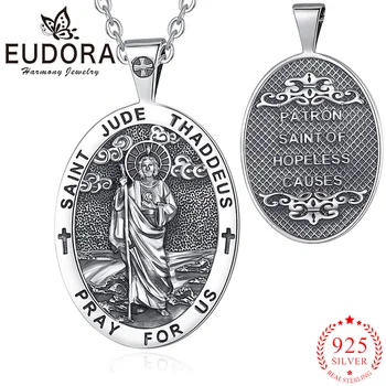 Eudora 925 Sterling Ezüst Szent Júdás Thaddeus Vintage Nyaklánc Dombornyomott Kereszt Medál a Férfiak a Nők Vallási Ékszereket Remek Ajándék