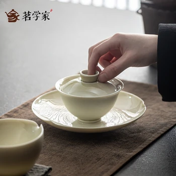 Gaiwan Chawan Tea Csésze Puer Bowl Set Leves Levesestál Kínai Kung-Fu Bögre Porcelán Kerámia Edények Szertartás Embrió Fehér Akadama