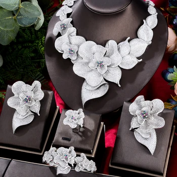 GODKI 103mm Szuper Luxus Begonia Virág Nők Esküvői Naija Menyasszony Cirkónia Nyaklánc Dubai 4DB Ékszer Szett Magas Ékszerek