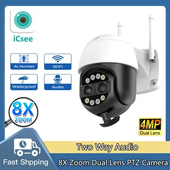 ICSEE kétirányú Audio 4MP WiFi PTZ Kamera Kültéri Duál Lencse, 8X Digitális Zoom P2P Home Security Videó Megfigyelő Kamera