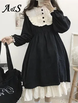Japán Stílusú Őszi Édes Lolita Ruha Nők O-Nyak, Magas Derék Karcsú Kontraszt Színű Fodros Aranyos Preppy Stílus Kawaii Vestidos