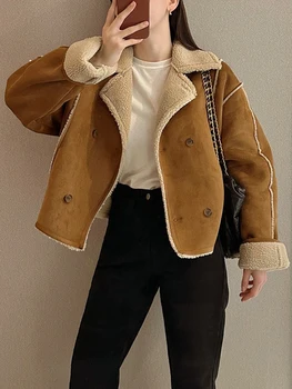 Kabát Női Műszőrme Kabátot 2023 Télen Új, Meleg, Hosszú Ujjú Bevágott Khaki Kabát Vintage Divat Dupla Soros Felsőruházat