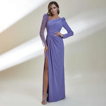 Lila Esküvői Vendég Ruhák Nőknek 2023 Hableány Oldalán Osztott Gyöngyfűzés Hosszú Ujjú Backless Luxus Anya a Menyasszony Dreses