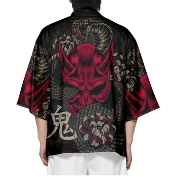 Szamuráj Harajuku Streetwear Ruhát Haori Yukata Japán Férfiak Fekete Démon Nyomtatás Kimonó Ing, Kardigán