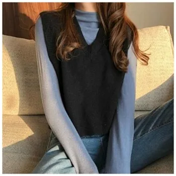 Tavaszi, Őszi Mellény a Nők Szilárd Kötött V nyakú Összes mérkőzés Trendi koreai Stílus Ujjatlan Laza Egyszerű Női Kabátok Outwear ZY5186