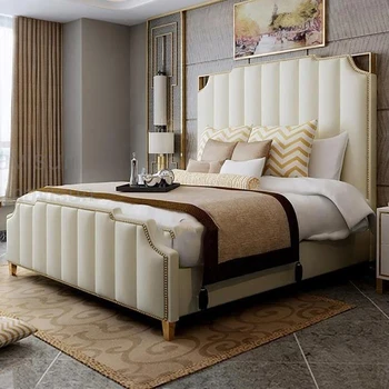 Északi Modern Cipő Luxus Franciaágy Élő RoomBedroom Garnitúrák Tároló Bőr Rossz+Matrac+2 Fiókos Éjjeliszekrény