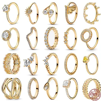 Új 925 Sterling Ezüst, Csillogó Arany Színű Sorozat Gyűrű Gyönyörű Korona Dupla Szív Gyűrű, Világos Luxus Varázsa Női Ékszer Ajándék