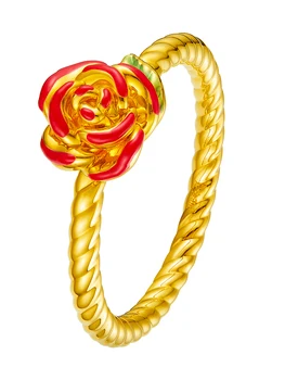 1DB Tiszta 999 24 KARÁTOS Sárga Arany Gyűrű Női Zománc Piros Rózsa Virág 5G Nehéz Arany Kézműves Fény Gyűrűk MINKET Méret 5-9