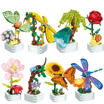 2023 Város Kreativitás, Virág, Csokor Pot Ültetés Pillangó Kabóca Szitakötő Modell Építőkövei Tégla Játékok Gyerekeknek Ajándék