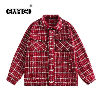 2023 Őszi Uniszex Piros Kockás Kabát Férfi Koreai Streetwear Divat Laza Alkalmi Vintage Gyapjú Kabát Női Francia Kabát