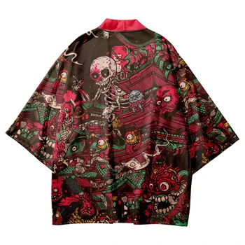 A hagyományos Japán Csontváz Nyomtatás Kimonó Cosplay Haori Obi Nő Férfi Kardigán Strand Yukata Ázsiai Ruha a Plus Size 6XL