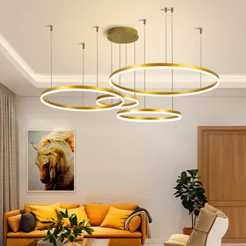 A Modern LED Kör Gyűrűk Csillárok, Otthon Beltéri Nappali Étkező Villa Dekoráció Lógó Medál Fény Csiszolt Arany Fekete Fényezés