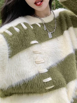 Alkalmi Kötött Pulóverek, Női Hosszú Ujjú Streetwear koreai Divat Pullovers Laza Csíkos 2023 Új Őszi Téli Felsők