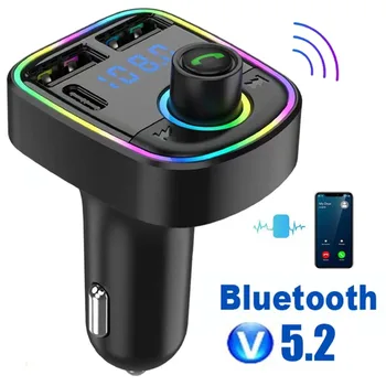 Autós Bluetooth 5.2 FM Transmitter kihangosított Hívás Dual USB PD C-Típusú Gyors Töltés Színes Környezeti Fény Töltő Játékos