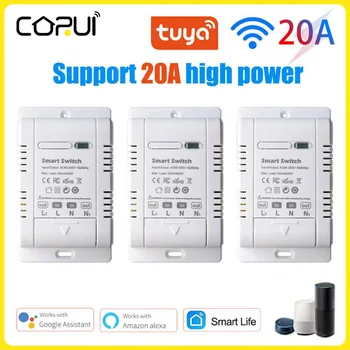 CoRui 20A Tuya Wifi Smart Switch Vezeték nélküli Időzítő Intelligens Élet hangvezérlés DIY Automatizálás Kapcsoló Modul Teljesítmény Monitoring