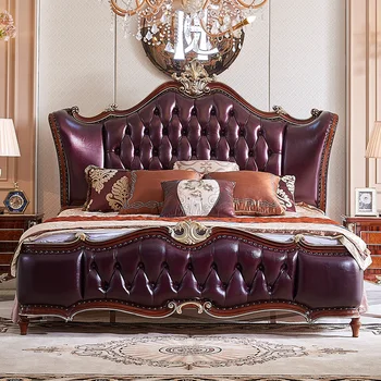 Európai stílusú, dupla ágy, tömör fa valódi bőr ágy, hálószoba tölgy king-size méretű ággyal faragott bőr ágy 1,8 m-es luxus villa esküvő