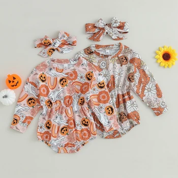 FOCUSNORM 0-18M Halloween Baba Lányok Aranyos Gyermek Tök Virágok Nyomtatás Hosszú Ujjú, Elasztikus Derék Overált Fejpánt