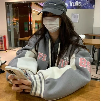 Gyapjú Bomber Dzsekik Nők Túlméretes Levelet Kontraszt Szín Preppy Stílus Koreai Kabátok Nagy Utcai Elegáns Baseball Felsőruházat Y2k