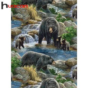 Huacan 5D Gyémánt Festmény Bear River Hímzés Kit Mozaik Állat Kézzel készített Ajándék, lakberendezési 30x40cm