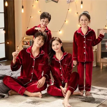 Karácsonyi Pizsama, a Család, Gyermek Pizsama Férfi Pyjama Beállítása Pijamas Nők Hálóruházat Hosszú Ujjú CardiganGoldVelvetLoungewear