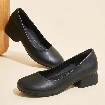 Kényelmes, kerek orrú női bőr cipő, vastag sarka 3,5 cm puha talp egyetlen cipő hotel pincér fekete munka, női cipő