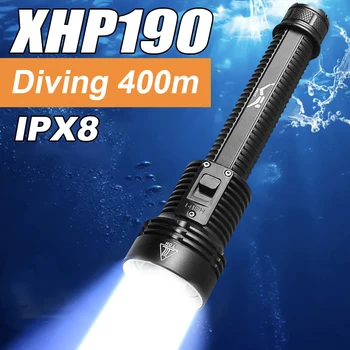 Legújabb Stílus XHP190 LED Profi Búvár Elemlámpák Szuper Fényes Éjszakai Világítás, Búvárkodás Zseblámpa Vízálló Kétéltű Lámpák