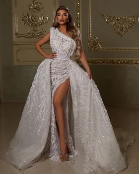 Luxus Esküvői Ruha Gyöngyök, Flitterek Rendelésre Készült, Egy Váll Menyasszonyi Ruhák Levehető Vonat Vestido De Novia