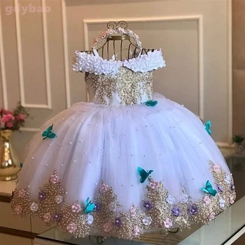Luxus Hercegnő Applied Virág Lány Ruhák Esküvői Tulle Gyöngyöket Labdát Gyerekek Verseny Ruha, Szülinapi Parti Első Áldozás Viselni