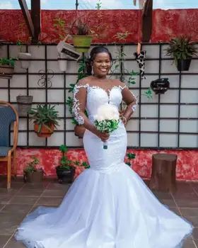 Luxus Kanál Sellő Esküvői Ruha Hosszú Ujjú Appliqués Gyöngy Afrikai Menyasszonyi Ruhák Molett Menyasszony Vestido De Noiva
