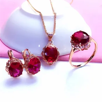 Luxus ékszerek, Ruby beállítja Klasszikus 585 Lila Arany Varázsa jól Eljegyzési gyűrű fülbevaló női Nyaklánc 14K Aranyozott Rose Gold