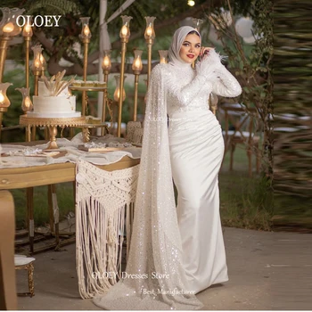 OLOEY 2023 Szikrázó Csillogás Hableány Muszlim Esküvői Ruha, Hosszú Ujjú Tollak Magas Nyakú Dubai arab Nők Menyasszonyi Ruhák