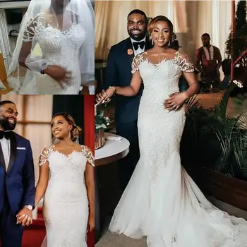 Plus Size Sellő Esküvői Ruha Rövid Ujjú Csipke Rátét Kert Királyi Afrikai Trombita Menyasszonyi Ruha Vétel