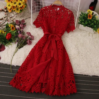 Ruha női retro híresség stílus temperamentum ruha szoknya cselszövő üreges csipke rövid ujjú piros öv, ruha, női