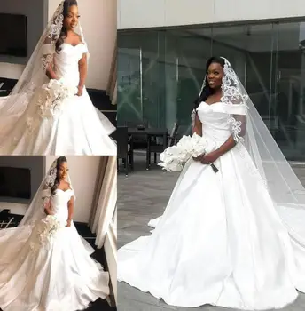 Szatén Fodrokkal Le a Váll Esküvői Ruhák Ruched Hercegnő Afrikai Menyasszonyi Ruhák, Elegáns Puffadt 2024