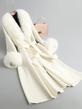 Teremtő egyesülés törvénye: Túlméretezett róka szőrme gallér kétoldalas gyapjú kabát koreai stílusú karcsúsító gyapjú kabát női közepes hosszúságú high-end