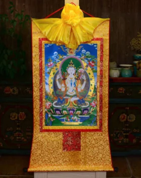 Tibet, Tibeti Buddha Nyomtatás Selyem Gild Thangka Thanka 4Arms Kwan-yin Guan Yin