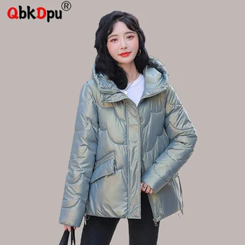 Téli Meleg Sűrűsödik A Nők Rövid Zubbonyok Koreai Fényes, Hosszú Ujjú Szélálló Outwear Kapucnis Laza Pamut Bélelt Gömbhal Kabát