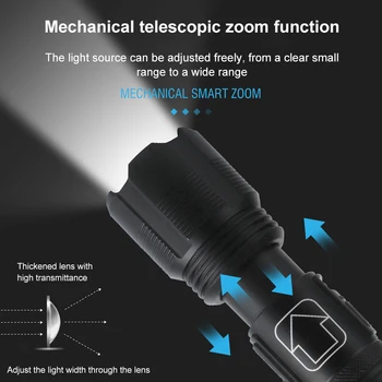 XHP50 LED-es Zseblámpa, USB Újratölthető Nagyítható Lámpa Fényes Kemping Sátor Halászati Zseblámpa Vízálló Teljesítmény Kijelző vészvilágítás