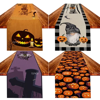 Új Halloween Asztali Futó Vászon Anyag Tök Gnome Minta Táblázat Mat Lakberendezési Ünnepi Hangulatot A Vacsora Asztali Futó