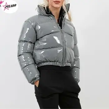 Őszi Téli Női Fényes PU Puffer Kabátok Meleg Buborék Kabát télikabátot Outcoat dzsekis Rózsaszín Cuki Vágott Kabát XXL